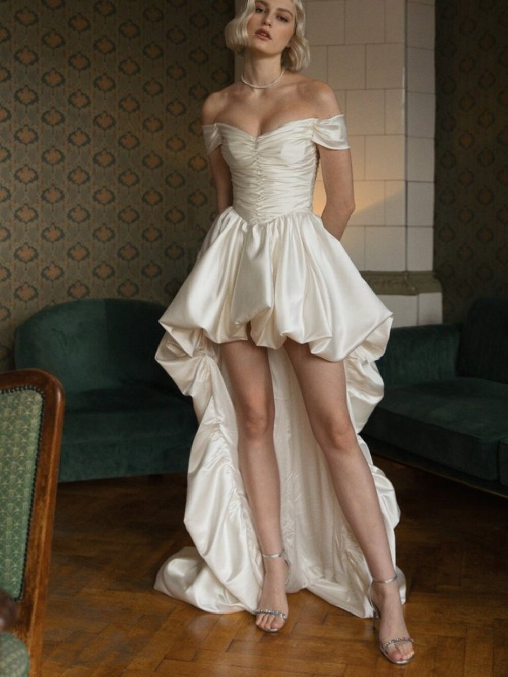 Elegant Off-the-Shoulder Satin High-Low Gown - Chic Formal Party Dress